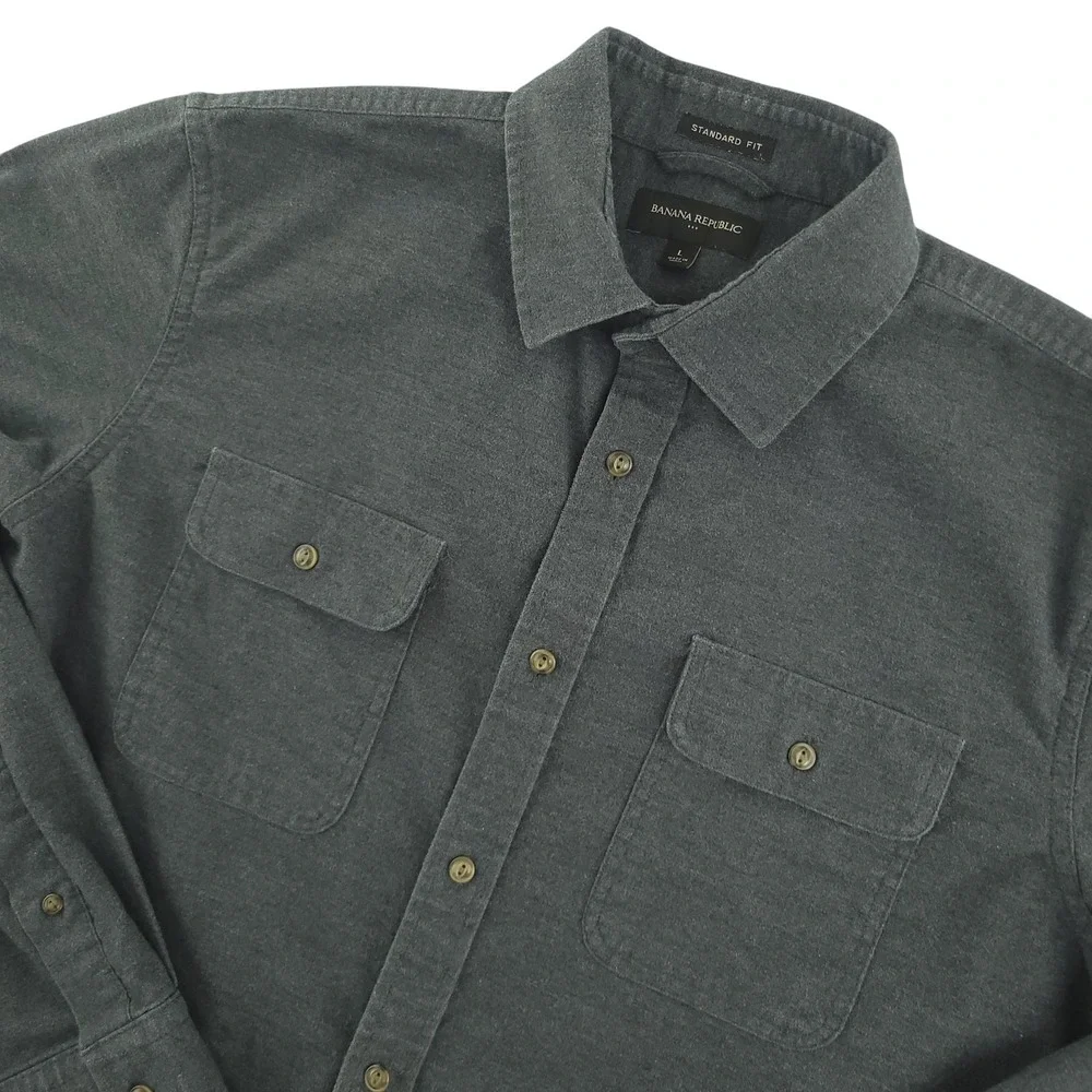 Banana Republic Shirt Mens L Gray Solid Long Sleeve Flannel Button Up Casual